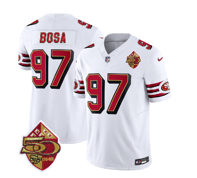Men's San Francisco 49ers #97 Nick Bosa White 2023 F.U.S.E. 50th Patch Throwback Football Stitched Jersey